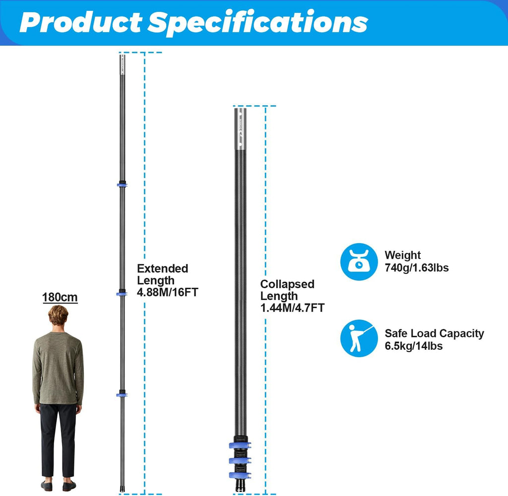 Doben Carbon Fiber 16FT Adjustable Telescopic Pool Pole with Quick-Release Lock - Compatible with Skimmer Nets, Brushes & Vacuums