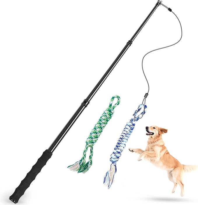 Doben Carbon Fiber Dog Flirt Pole - 40In Telescopic 0.23LBS with 2 Toys & Ropes