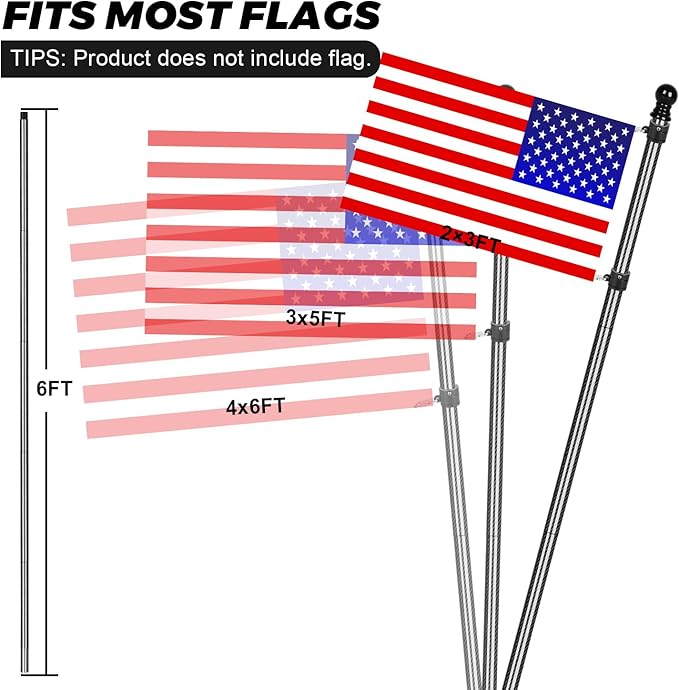 Doben 6FT 3K Carbon Fiber Flag Pole - Tangle Free Black Rust/Wind Resistant (No Bracket)