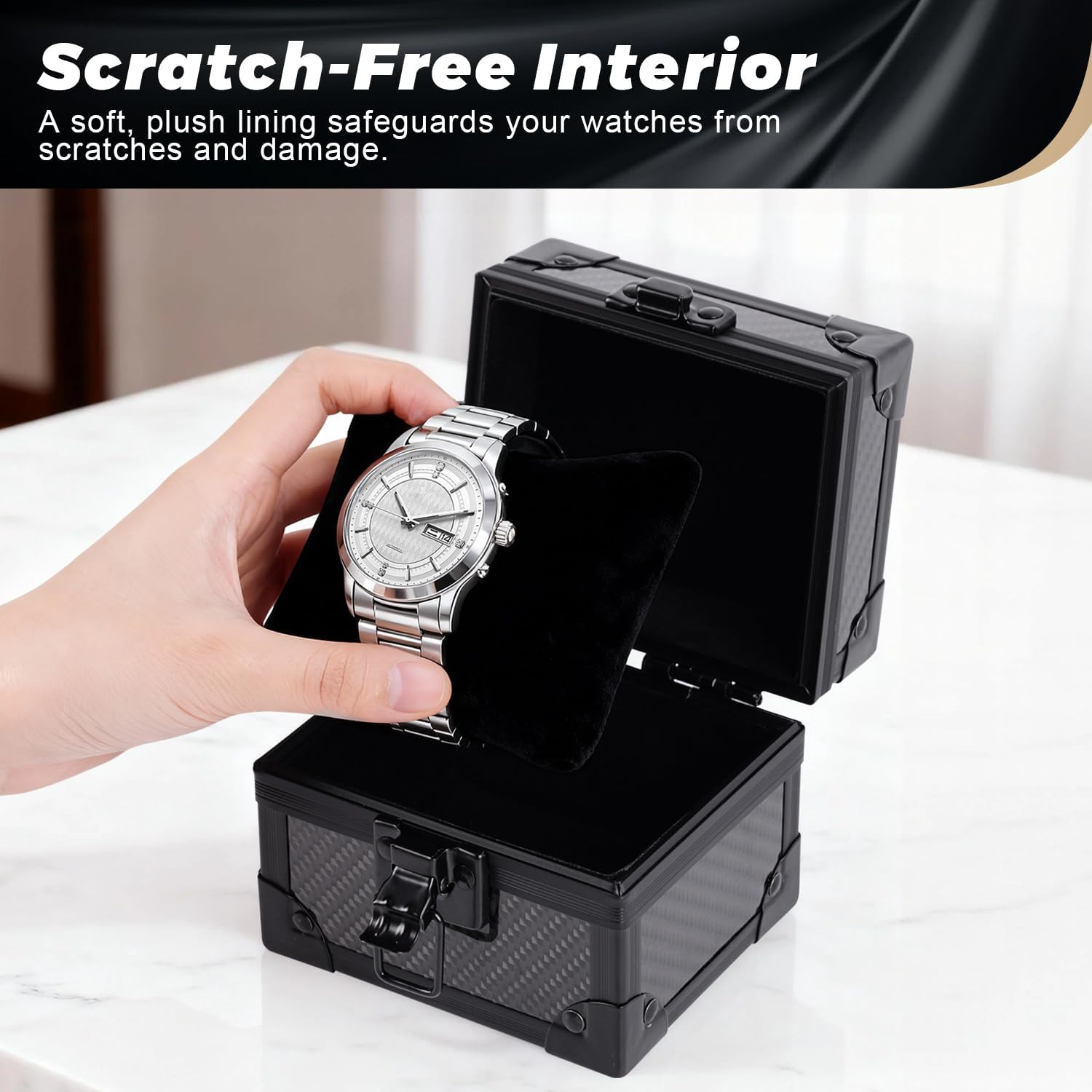 Doben Luxury Watch Case for Men, Carbon Fiber Hard Watch Box with Plush Interior, Single Storage Watch Organizer, Luxury Gift Box for Collectors
