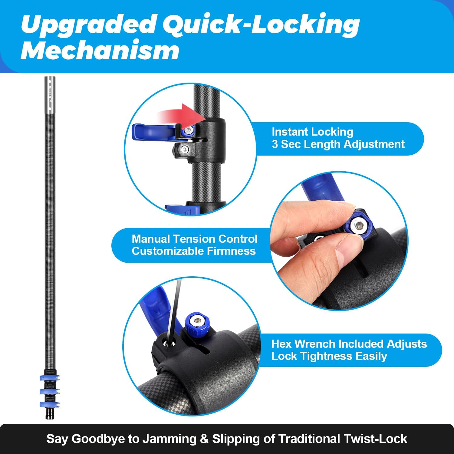 Doben Carbon Fiber 16FT Adjustable Telescopic Pool Pole with Quick-Release Lock - Compatible with Skimmer Nets, Brushes & Vacuums