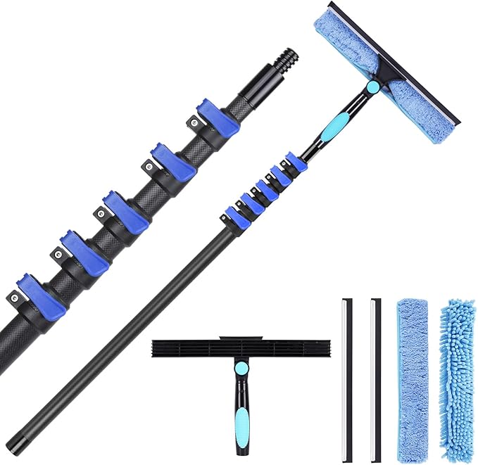 Doben 12FT Carbon Fiber Window Cleaner - Telescopic Pole Scrubber & Squeegee