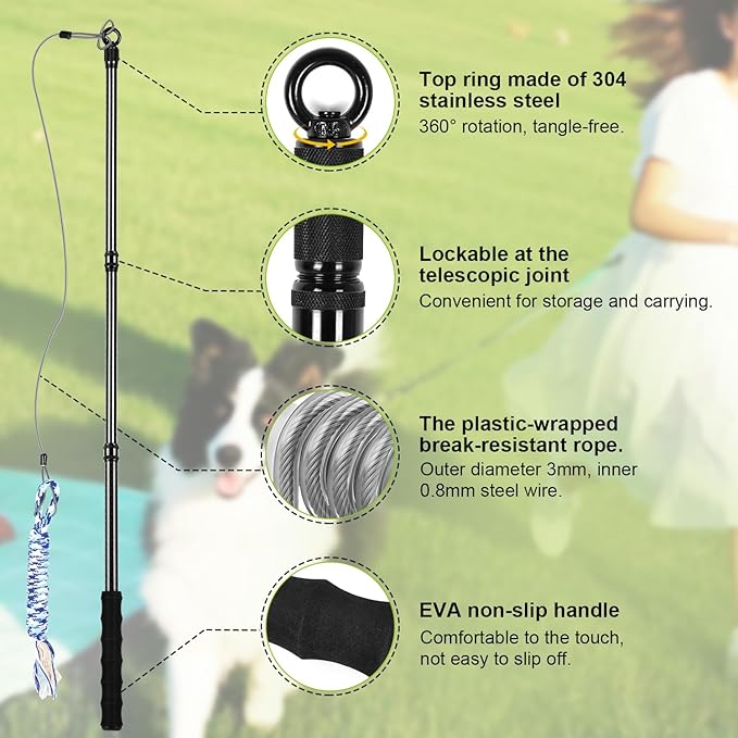 Doben Carbon Fiber Dog Flirt Pole - 40In Telescopic 0.23LBS with 2 Toys & Ropes