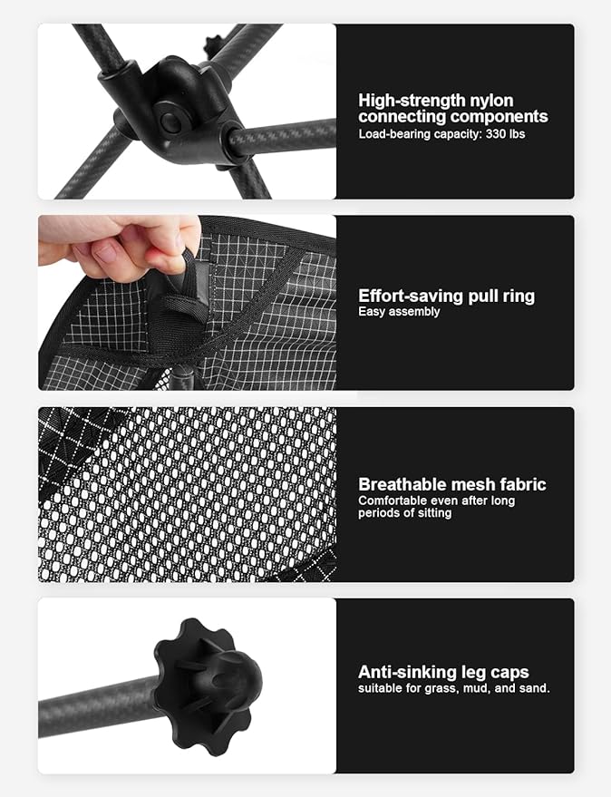 Doben Carbon Fiber Lightweight Folding Camping Chair , Stable Compact Portable for Outdoor Camp, Travel, Beach, Picnic, Festival, Hiking, Backpacking