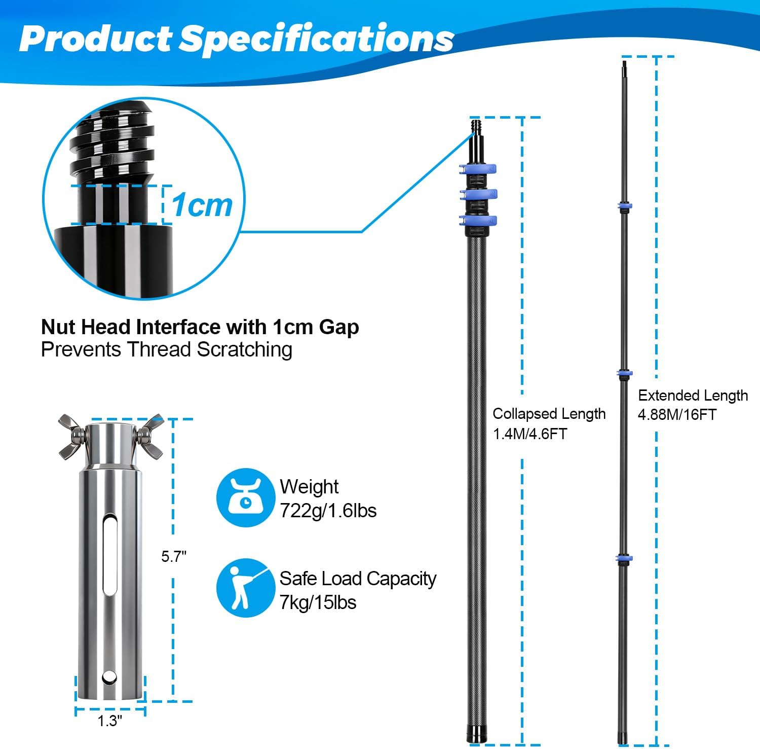 Doben Carbon Fiber Pool Pole, 16FT Heavy Duty Telescopic Pool Pole, Universal Extension Pole for Nets, Skimmers, Brushes