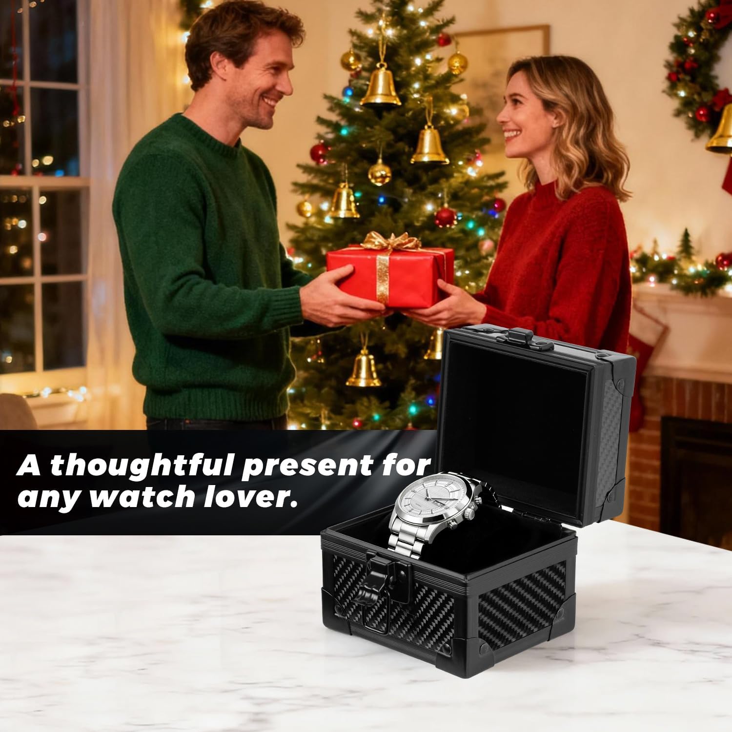 Doben Luxury Watch Case for Men, Carbon Fiber Hard Watch Box with Plush Interior, Single Storage Watch Organizer, Luxury Gift Box for Collectors