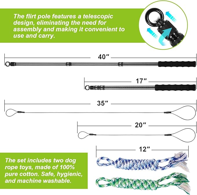 Doben Carbon Fiber Dog Flirt Pole - 40In Telescopic 0.23LBS with 2 Toys & Ropes