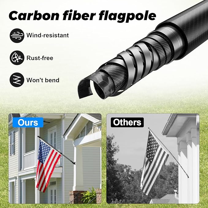 Doben 6FT 3K Carbon Fiber Flag Pole - Tangle Free Black Rust/Wind Resistant (No Bracket)