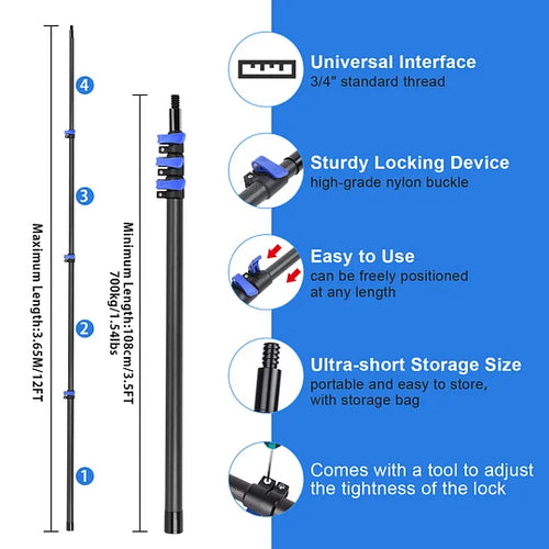 Doben 12FT Carbon Fiber Window Cleaner - Telescopic Pole Scrubber & Squeegee