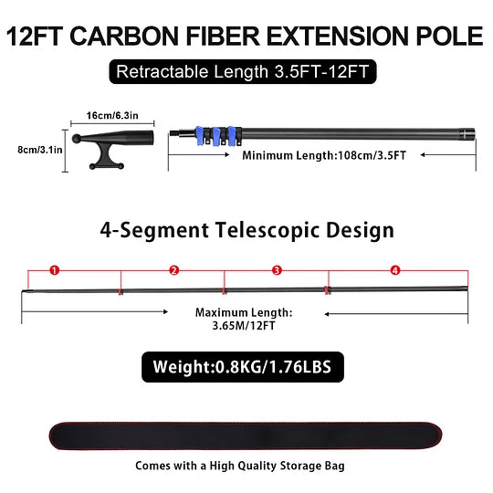 Doben Carbon Fiber Telescoping Boat Hook 3.5-12FT - Lightweight Sturdy