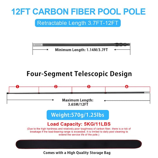 Doben 3.7-12FT Carbon Fiber Pool Pole - Telescopic Cleaning Tool