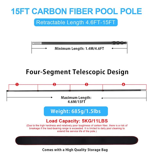 Doben Carbon Fiber Pool Pole 4.6-15FT - Telescopic Lightweight Cleaning Pole